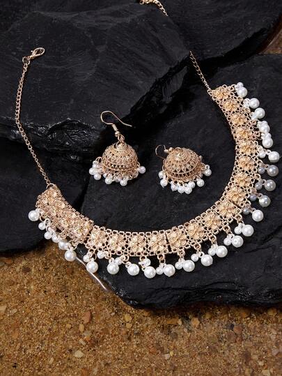 Opalesca 3件套奢华镀金波西米亚风首饰套装，仿珍珠花朵吊坠项链+耳环套装，适合女士日常或派对佩戴，情人节、母亲节礼物之选。