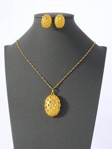 两件套中东斋月铜金色镂空点状椭圆形吊坠项链耳环首饰套装，馈赠亲友的最佳礼物 - 金黃色 - 查看 7