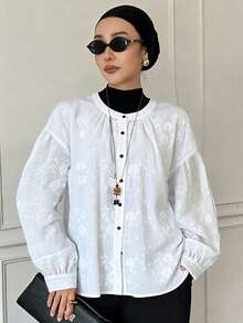 Livesso Women's Embroidered 100% Cotton Loose Fit Contrast Button Shirt - Beige - View 2