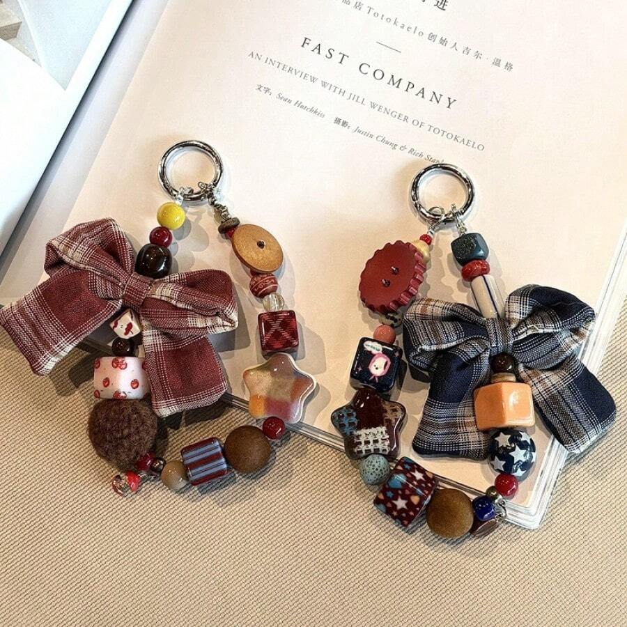 Matching Butterfly Beaded Phone Lanyard, Keychain, Phone Case Strap - Checkered Bow - Blue (Collector's Item Comes With a Free Pendant) - View 1