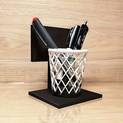 3D Printed Basketball Hoop Pen Holder - Creative Desktop Organizer, Black Base With White Mesh Design, Home, School, Office Gift, Space-Saving Decorative Accessory