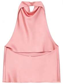 Regata Preta de Cetim Sem Costas para Mulheres, Regata de Praia de Verão para Mulheres, Regata Rosa com Alças Finas e Ombros à Mostra para Mulheres - Rosa chiclete - Visão 5