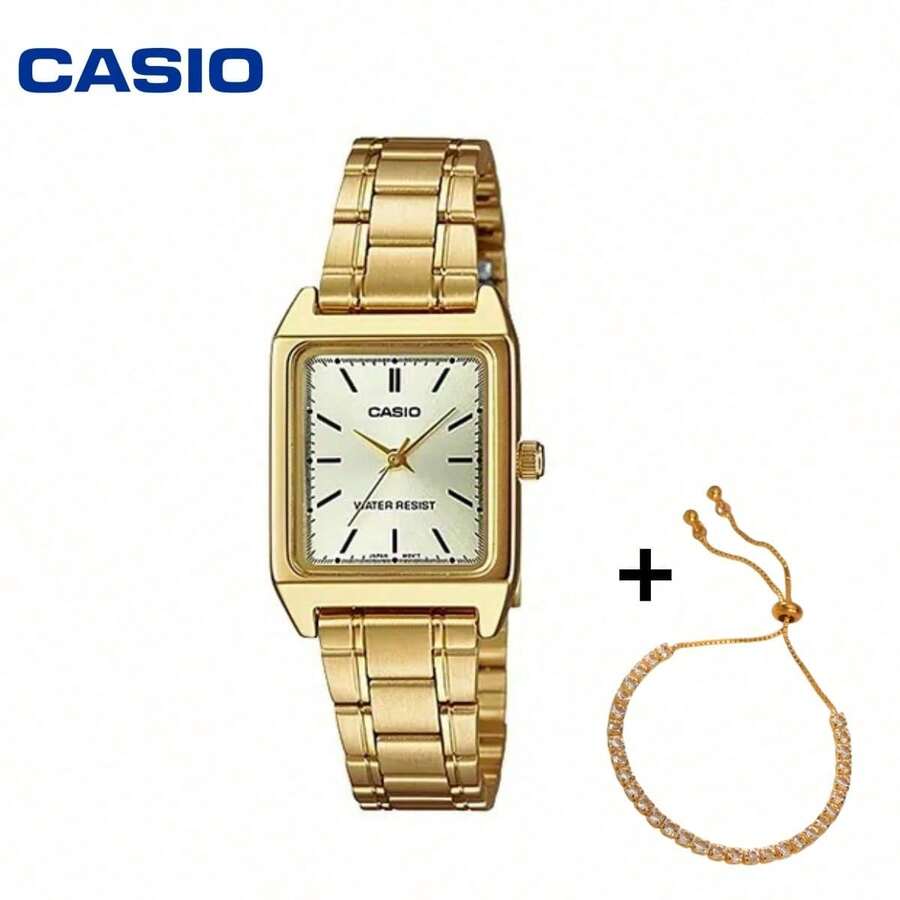 Casio LTP-V007G-9E Square Case Watch & Bracelet Set, Chic Minimal Design, Stainless Steel Link Strap, Fashion Quartz Wristwatch For Office, Casual & Gift Giving - one-size - View 1