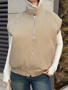 DAZY Women Solid Color Zipper Loose Pocket Jacket Summer Vest - Khaki - View 8