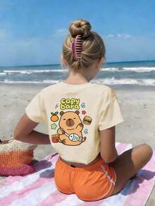 Camiseta de manga corta con cuello redondo y estampado casual para niñas preadolescentes, top de verano - Albaricoque - Ver 8