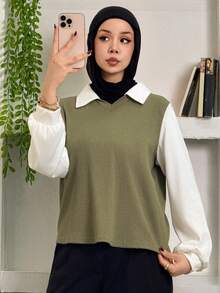 DAZY Blusa informal de manga larga con cuello de solapa y bloques de color para mujer, casual de negocios, otoño - Verde Oliva - Ver 5