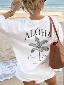 Women New Tree Slogan Print Casual Round Neck Short Sleeve Shirt Fashionable Resort Style Daily Essential Item Graphic Tee Women Tops Vacation - 白色 - 查看 7