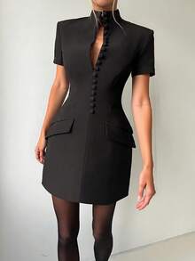 Vestido blazer elegante, casual de negócios, com cintura marcada, adequado para uso diário, escritório e deslocamentos. Preto, ideal para o verão. - Preto - Ver 5