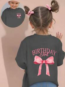 女童休闲印花圆领短袖T恤，夏季上衣 - 深灰色 - 查看 3