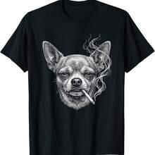 Funny Chihuahua Dog Smoking Cigarette Brainrot Meme T-Shirt - 黑色8 - 查看 1