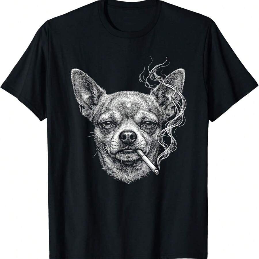 Funny Chihuahua Dog Smoking Cigarette Brainrot Meme T-Shirt - 黑色8 - 查看 1