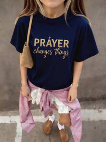 女童休闲印花圆领短袖T恤，夏季学生童装 - 色彩缤纷的英文字母印花T恤，为每个孩子带来欢乐和幸福！ 祈祷 - 藏蓝色 - 查看 2