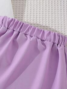 Söt, rund halsringad, kortärmad topp med tecknat ballongtryck och asymmetrisk kjol med resår i midjan, tvådelat set för flickor, vår/sommar - Blåröd - Visa 9