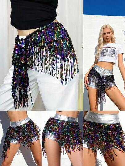 تنورة مزينة بالترتر قطعة واحدة للنساء، تنورة بطن جذابة مع أربطة خصر قابلة للتعديل، وشاح الورك، تنورة ملائمة للاحتفالات والرقص والأداء، مناسبة للمهرجانات والحفلات والنوادي الليلية وملابس الشاطئ والملابس الاستعراضية