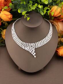 1 Set Luxury Elegant Cubic Zirconia Interlocking Design Jewelry Set, Suitable For Women's Wedding And Banquet Wear, Includes 1 Pair Earrings, 1 Necklace, 1 Bracelet, 1 Ring, Excludes Gift Box - Silver - View 3