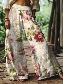 2026 Women's New Arrival Light Base Large Pink Floral & Leaf Print Pastoral Style Wide-Leg Elastic Waist Casual Pants - 米色 - 查看 2