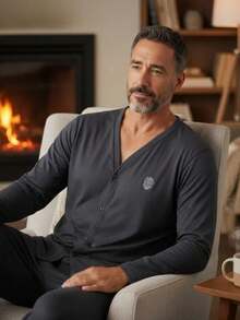 Men's Open Button Pajamas With Long Sleeves And Long Pants For Winter Post-Surgical Use In Knit Fabric - Grey - View 2