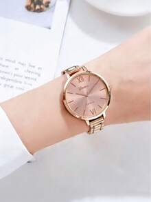 Fashionable Roman Numeral Rivet Scale Dial Steel Band Quartz Watch, Suitable As Birthday, Halloween Or Christmas Gift For Teenagers - Rose Gold - View 6