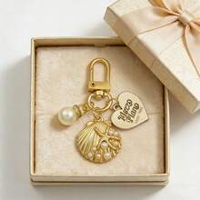 1pc Faux Pearl Gold Pendant, Elegant Pearl Shell Keychain, Women's Crystal Pendant Keychain, Suitable For Car, Camera, Phone, Wallet, Handbag Decoration Accessories - Gold - View 4