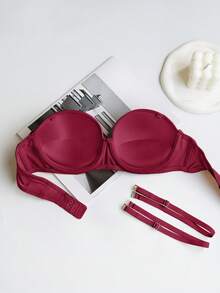 Women's Elegant Silky Strapless Padded Bra, Solid Color, Removable Straps, Suitable For Formal Occasions - Red - View 10
