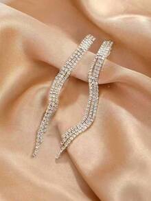 2pcs New Silver Tone Exaggerated Fashion Tassel Clip-On Earrings Adorned With Rhinestones For Women, Suitable For Weddings - Silver - View 2