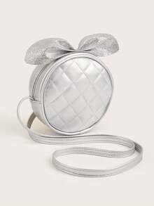 1pc Girls' Shiny Cute Bow Glitter Black Round Mini Crossbody Bag, For Daily Use - Silver - View 4