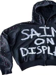 Women's Y2K Gothic Lettering Zip-Up Hooded Sweatshirt Jacket - Oversized Round Neck Streetwear Pullover With Saint On Display Back Print, Long Sleeve Casual Winter Warmth, Machine Washable White Hoodie With Black Piping & Red Drip Lettering (Inspired By Gothic Aesthetic) - Layering Essential For Fall/Winter Outfits - 黑色 - 查看 2