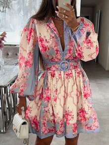 女士时尚开领印花长袖连衣裙，配腰带，适合休闲、度假、邮轮、海滩、日常约会、派对及各种场合。 - 粉色 - 查看 1