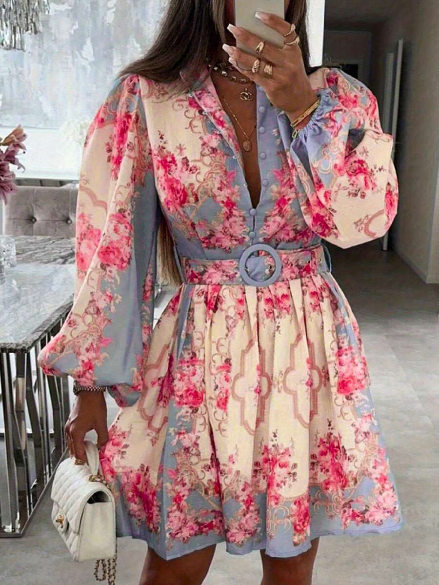 女士时尚开领印花长袖连衣裙，配腰带，适合休闲、度假、邮轮、海滩、日常约会、派对及各种场合。 - 粉色 - 查看 1