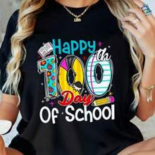 Happy 100Th Day Of School Teacher Graphic Print Tee Short Sleeve Shirt For Women Stylish Crew Neck For Everyday Wear Out - 黑色 - 查看 1