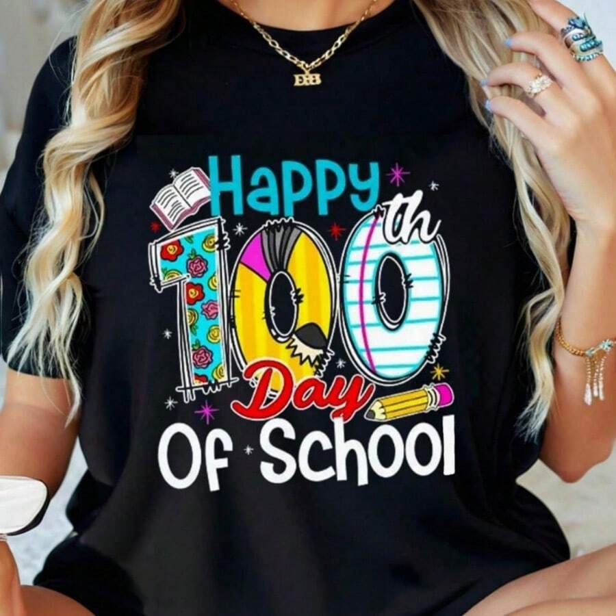 Happy 100Th Day Of School Teacher Graphic Print Tee Short Sleeve Shirt For Women Stylish Crew Neck For Everyday Wear Out - 黑色 - 查看 1