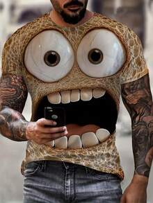 Men's Funny 3D Cartoon Face Graphic T-Shirt With Exaggerated Eyes & Open Mouth - Lightweight Breathable Polyester Blend, Machine Washable Round Neck Short Sleeve Tee For Summer, Casual & Outdoor3D Digital Print,All-Over Print - 黑色 - 查看 1