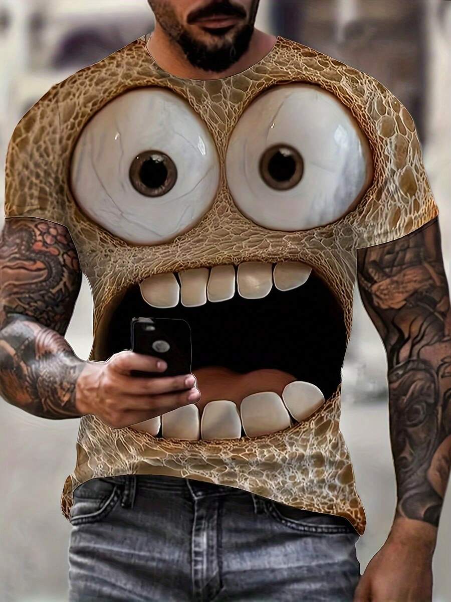 Men's Funny 3D Cartoon Face Graphic T-Shirt With Exaggerated Eyes & Open Mouth - Lightweight Breathable Polyester Blend, Machine Washable Round Neck Short Sleeve Tee For Summer, Casual & Outdoor3D Digital Print,All-Over Print - 黑色 - 查看 1