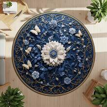 Navy Blue Round Rug With Floral And Butterfly Design, Elegant Botanical Carpet With Gold Accents, Vintage Cottagecore Decor For Living Room - 1PC - Xem 1