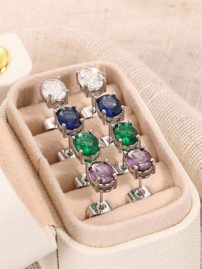 4pcs/Set Square Zirconia Stud Earrings For Women, Comes With Gift Box, Suitable For Wedding, Engagement, Anniversary, Party, Jewelry, Valentine's Day Gift