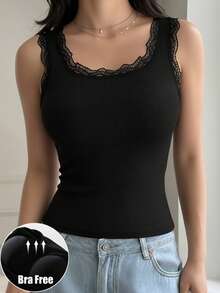 1pc Women Casual Comfortable Lace Patchwork Round Neck Camisole, Slim Fit Ribbed Sleeveless Solid Color Tank Top, Suitable For All Seasons - Black - View 2