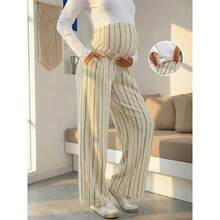 可调节腰带抽绳条纹孕妇裤，休闲高腰直筒裤，春季款 - 杏色 - 查看 11