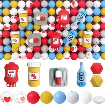 44/50/63/82pcs Medical Series Silicone Bead Set - Pill, Blood Bag, Syringe, Thermometer Shaped Design - Suitable For DIY Crafting Keychains, Necklaces, Bracelets, Decorative Pens, Jewelry And Pendants - Ideal For Holiday And Birthday Gifts