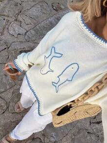 Just Masa Women's Loose Hollow Out Knit Beach Cover Up, Round Neck Cute Fish Embroidery Knit White Cover Up, Suitable For Summer Vacation And Beach - White - View 5