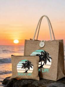 半件装亚麻手提包兼化妆包，日出图案，度假条纹椰树印花，四季皆宜，旅行包，充电器收纳包，休闲多功能手提包，大容量单肩包，女孩旅行必备包，男女通用拉链包，化妆品、化妆和旅行必备轻便接待包 - 彩色 - 查看 5