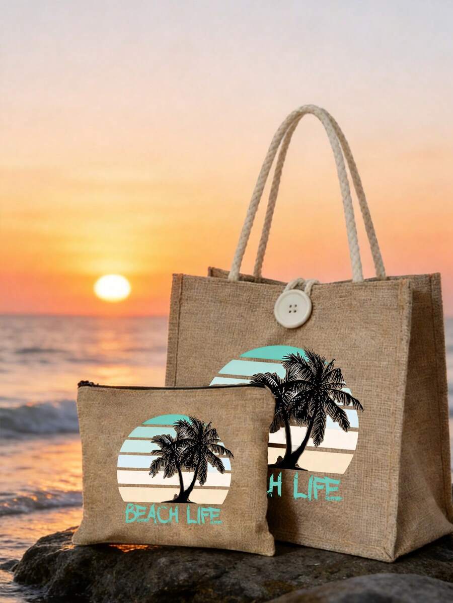 半件装亚麻手提包兼化妆包，日出图案，度假条纹椰树印花，四季皆宜，旅行包，充电器收纳包，休闲多功能手提包，大容量单肩包，女孩旅行必备包，男女通用拉链包，化妆品、化妆和旅行必备轻便接待包 - 彩色 - 查看 1