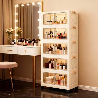 1pc 45/60cm Foldable Storage Cabinet, 1-5 Tier Double Door Storage Organizer, Thickened Plastic Wheeled Storage Cabinet, Living Room Toy & Snack Multi-Layer Cabinet, Clothes Storage Cabinet, Home Dust-Proof Shelving, Home Storage Rack, Storage Box, Plastic Container, Oil Can, Kitchen Storage Supplies, Cup Rack, 1 Oil Can, Spoon Rack, Kitchen Storage Rack