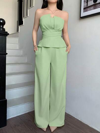abyoxi Set de 2 piezas: Top bandeau con volantes en color verde guisante combinado con pantalones de pierna ancha, elegante y de moda, adecuado para la oficina, el transporte, el estilo vintage, fiestas, citas, San Valentín, atuendos de primavera y verano