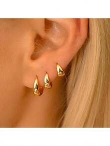 3pcs/Set Thick Gold-Tone Earrings, Minimalist Design, Suitable For Women's Daily Wear, Outings And Party Events - Multicolor - View 2