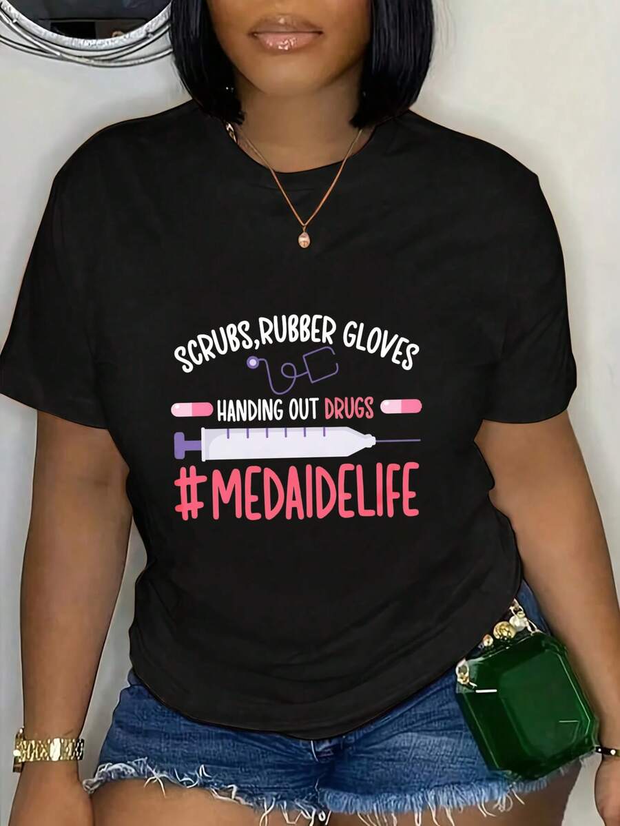 Scrubs Rubber Gloves Handing Out Medaidelife Graphic T-Shirt For Women, Oversized Crewneck Tees Casual Wear, Spring Cotton Tops Short Sleeve, Summer Basic Tees, Funny Clothes For Women - 黑色 - 查看 1