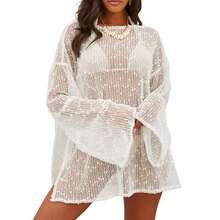 Womens Swimsuit Crochet Cover Up Sexy Boat Neck Bathing Suit Summer Long Sleev Beach Dress Coverup Bikini - 白色 - 查看 11