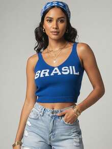 Set Of 3 Women's Cropped Tank Tops, Brazilian Style, Modal Knit, U-Neck, Spaghetti Straps, Summer, Carnival, World Cup - 黃/綠/藍 - 查看 6