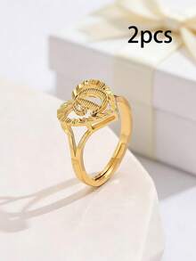 2pcs Elegant Hollow Heart & Letter Adjustable Rings, Fashionable Jewelry Gifts Suitable For Women, Girlfriends, Wives, Mothers, Families And Friends On Birthdays, Anniversaries And Other Occasions - Yellow Gold - View 17