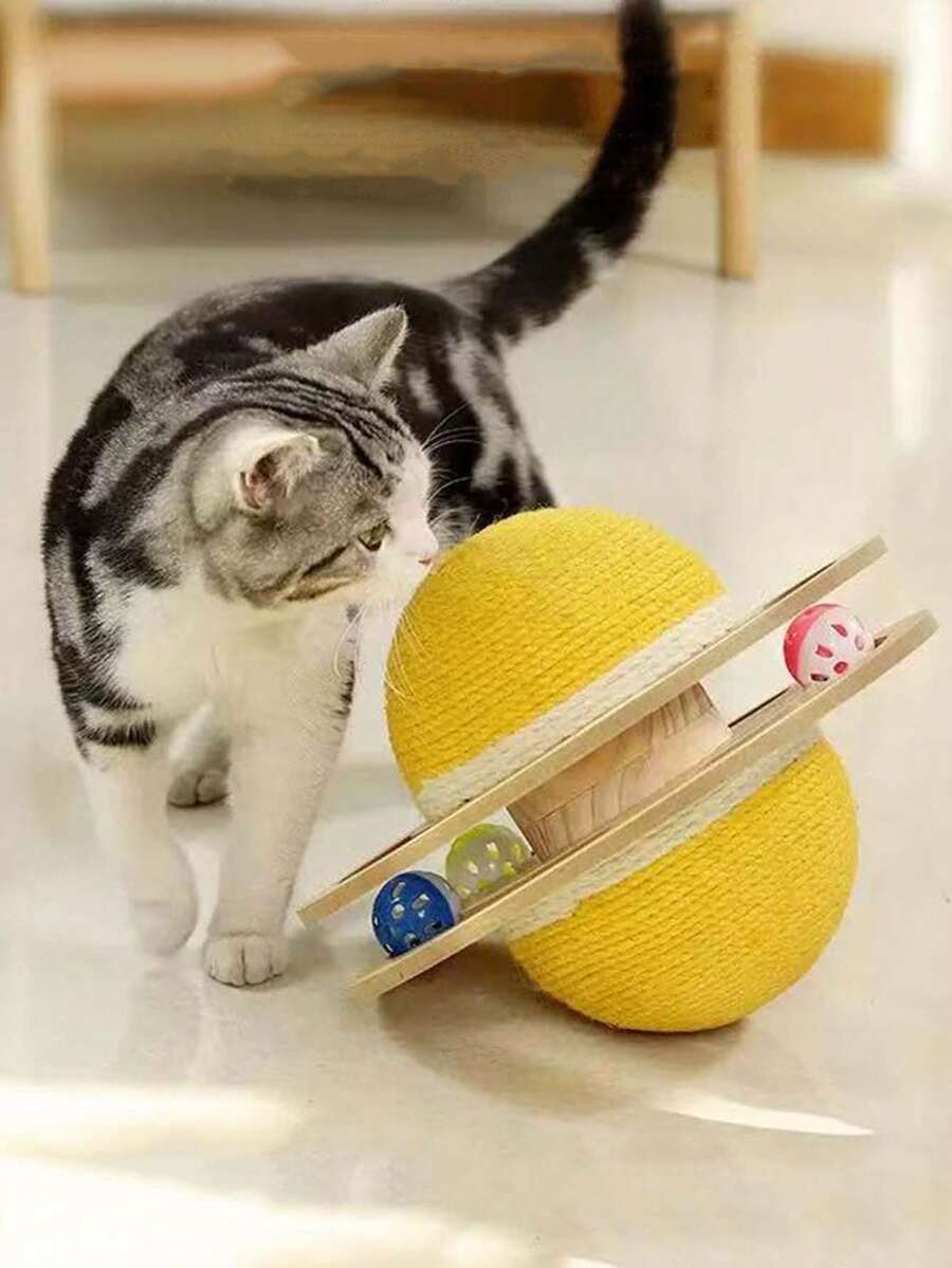 1pc Sisal Ball Turntable Cat Scratch Toy Rotating Asteroid Double-Sided Spherical Tumbler Interactive Cat Toy With A Bell Ball To Attract Cats' Attention Wear-Resistant Cat Accessories No Batteries Required - Multicolor - View 1