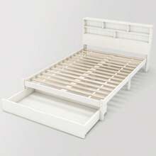 Solid Wood Double Bed With Drawers And Slatted Base, Integrated Bookcase For Teenagers And Adults, Children's Bed, 140 X 200 Cm, White - White - View 10